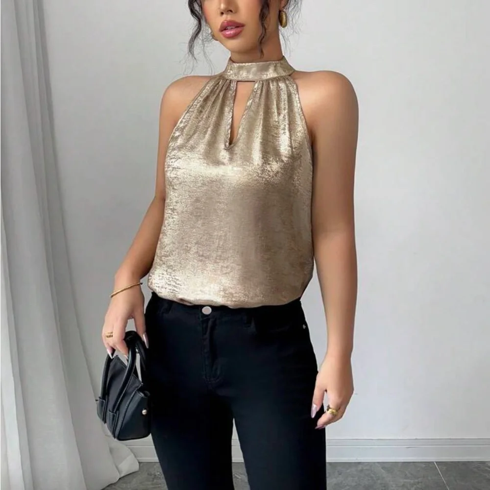 Chic Metallic Halter Blouse_4